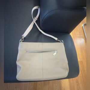 befen Soft Beige Leather Shoulder Bag with Front Zip Pocket